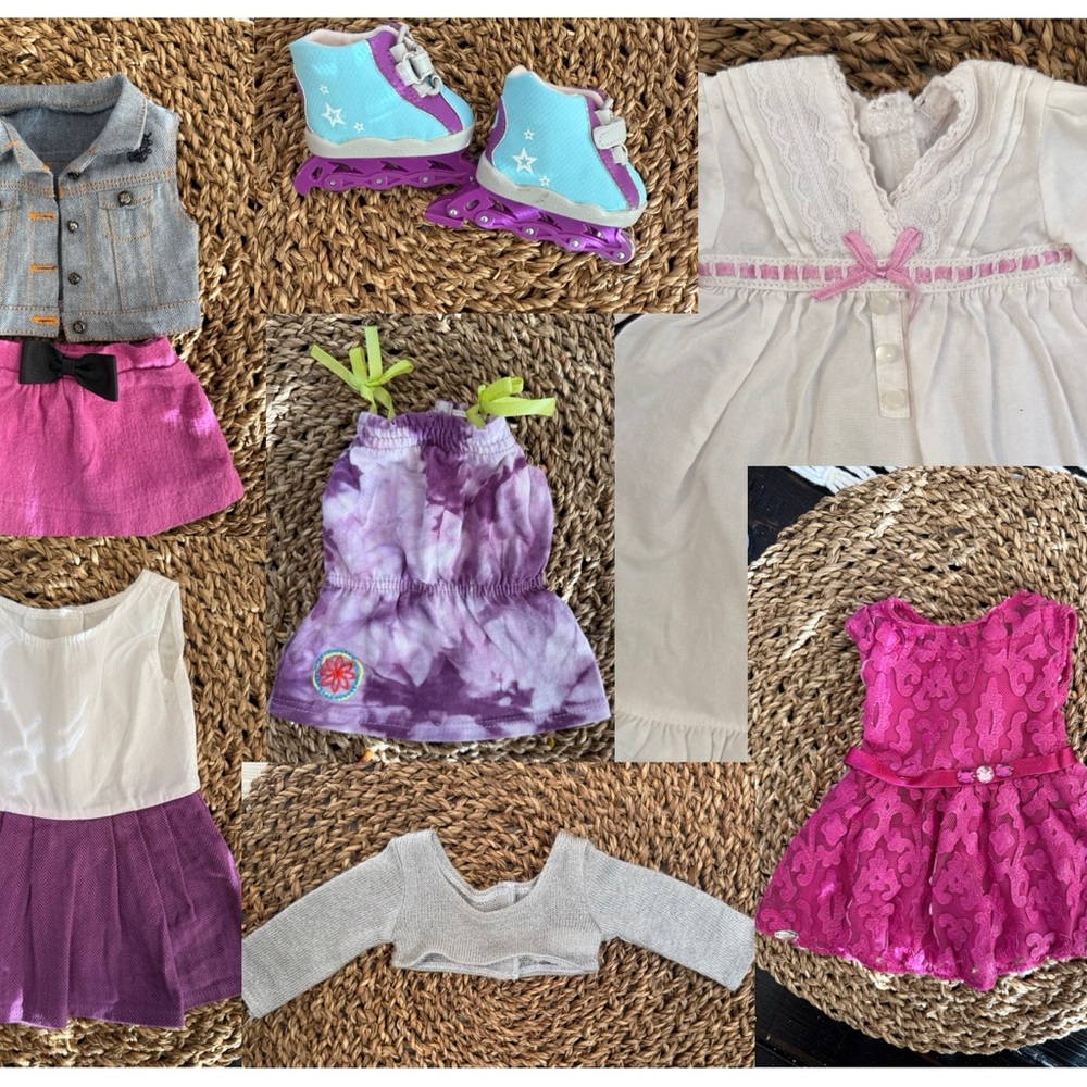 American Girl Doll Clothing Lot- Dresses, Outfits, Rollerblades, Top, Skirt